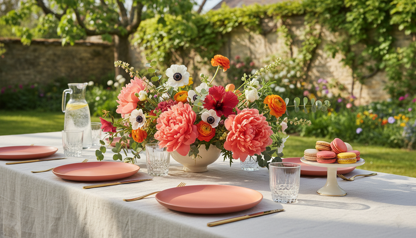 Table dressée fleurie d'un dimanche matin de fin mai — bouquet de pivoines, renoncules et anémones, linge ivoire, vaisselle céramique mate, macarons aux couleurs corail et marguerite.