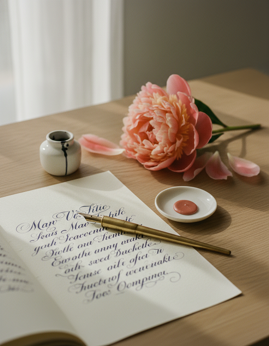 Scène d'écriture intime en daylight — plume calligraphique, encrier bleu nuit, page de lettre en cours, pivoine coral fraîche.