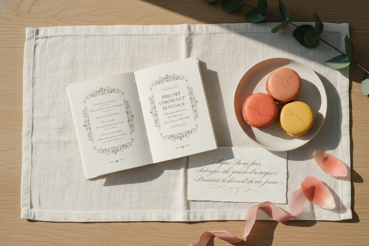 Flat lay des artefacts éditoriaux de la Capsule Floraison — livret imprimé, carte calligraphiée, macarons, fleurs et linge ivoire.