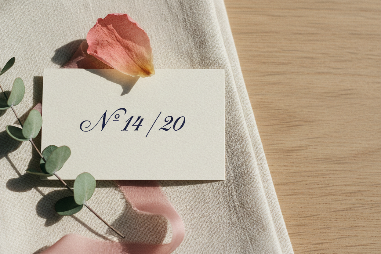 Carte calligraphiée à la main marquée 'N° __ / 20', pétale de pivoine séché et ruban rose poudré sur linge ivoire.