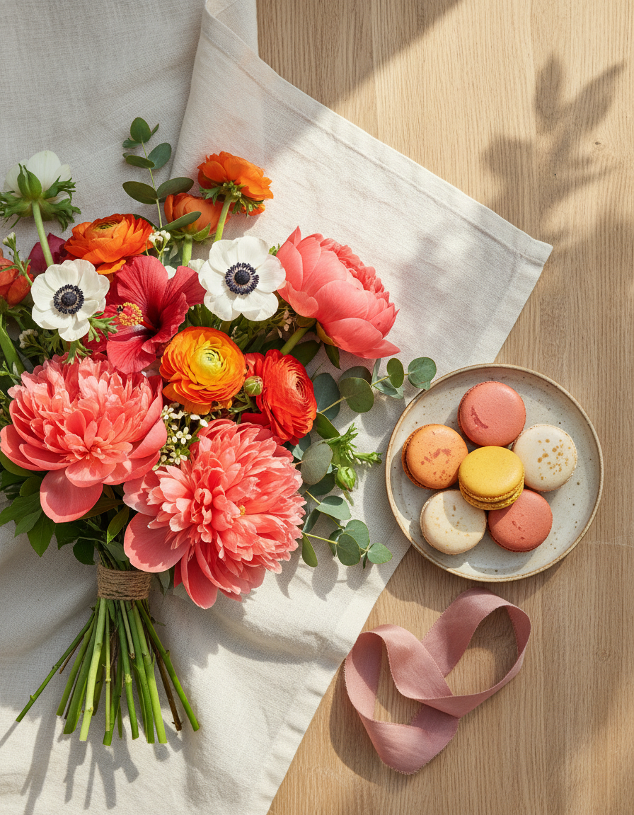Bouquet opulent de pivoines, renoncules et anémones à plat sur linge ivoire, accompagné de macarons aux couleurs corail, jaune marguerite, rose poudré et orange renoncule.